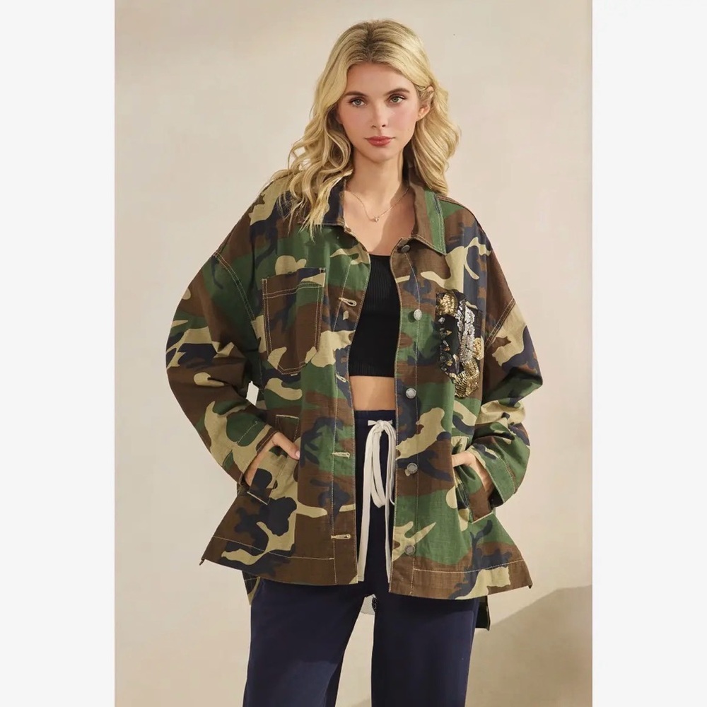 Camo denim cotton sequin Jean floral flower mineral bohemian wash coat jacket - Picture 5 of 8